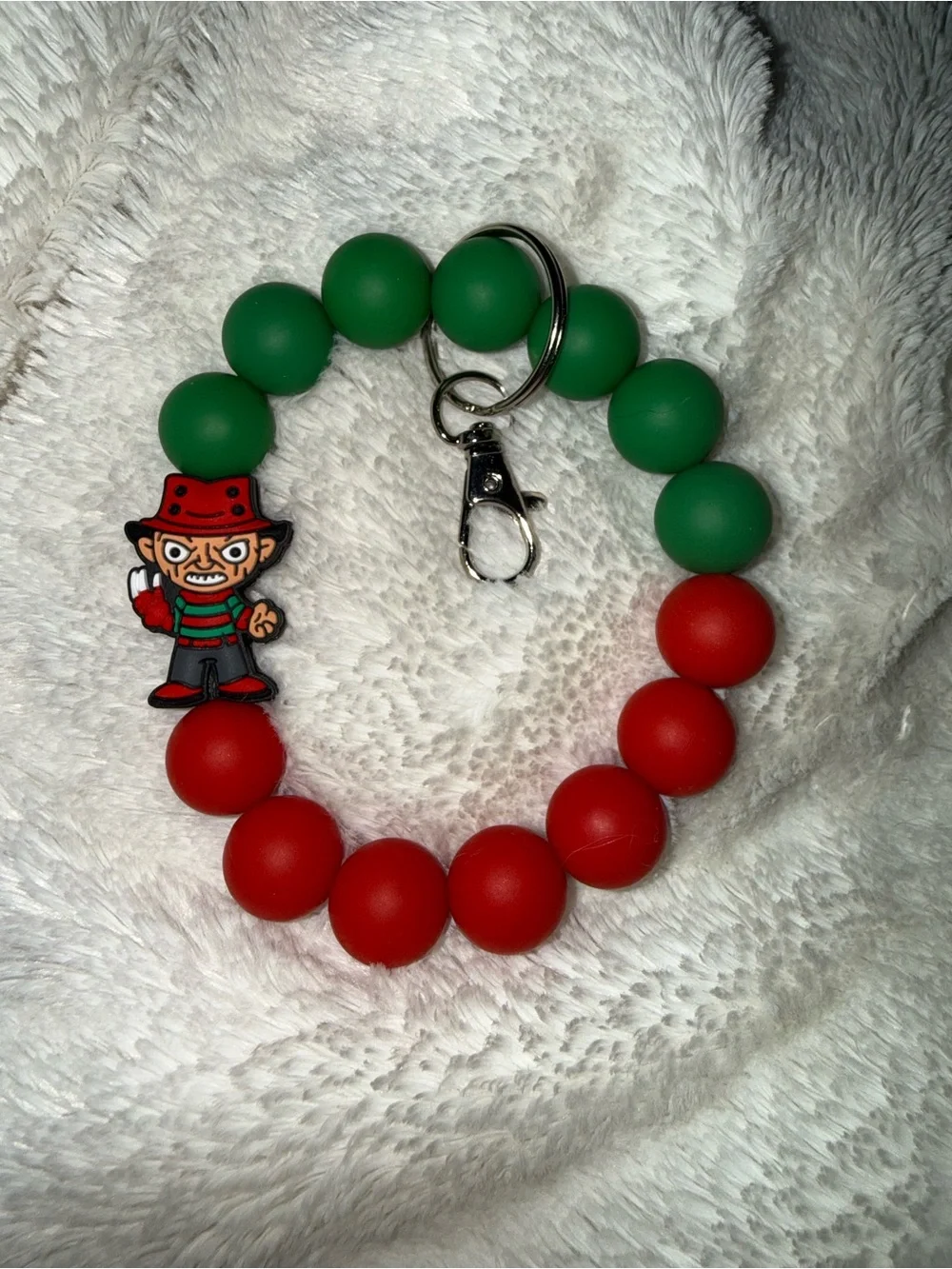 Green and Red Beaded Keychain Bracelet with Character Charm